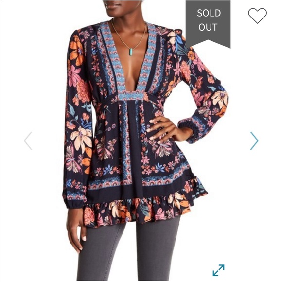 FREE PEOPLE Violet Hill Floral Printed Tunic Top Shirt VNeck pink purple Anthro - Picture 13 of 15